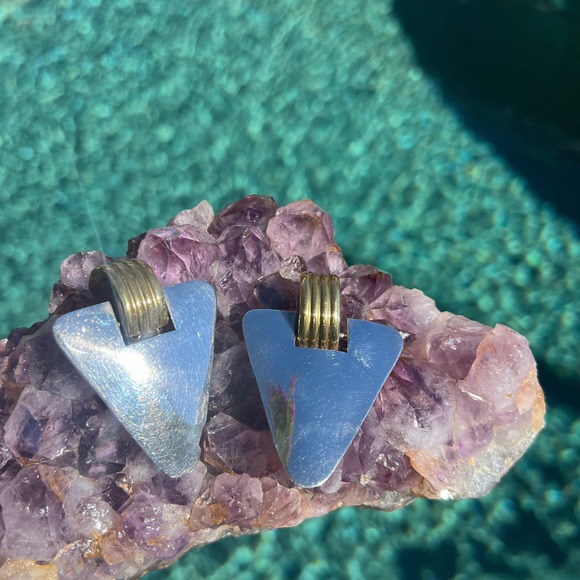 Sterling Silver Clip On Earrings Triangle With Brass Detail Vintage Mexico - Picture 1 of 6